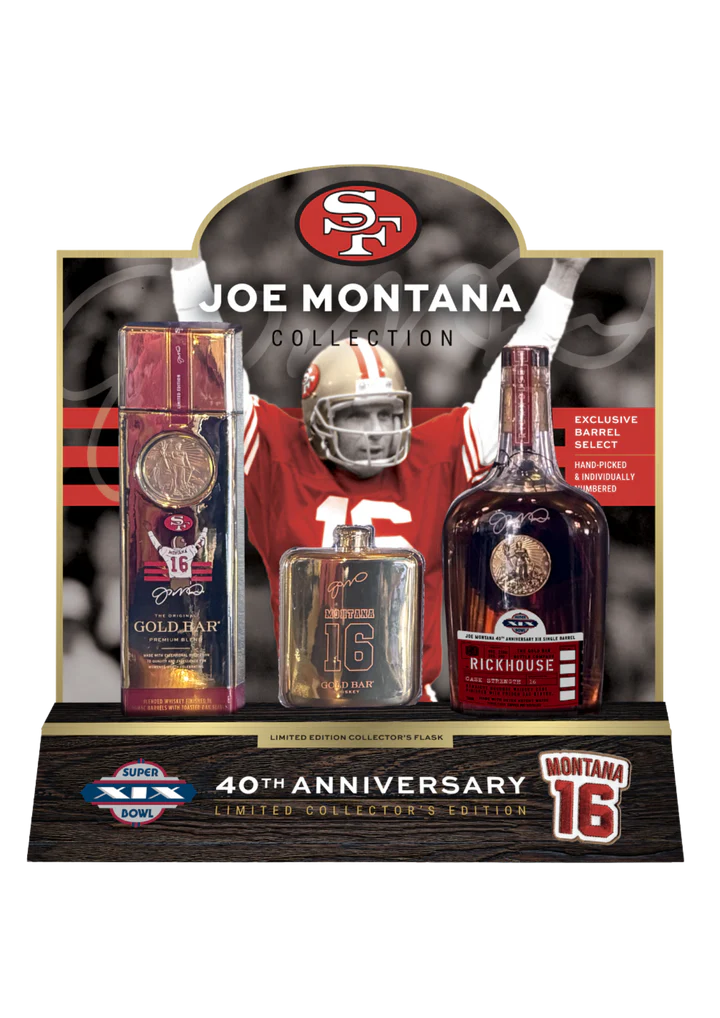Gold Bar Joe Montana Barrel Select Gift Set by Gold Bar: Display box with Joe Montana-themed whiskey bottles, a flask, and his football photo. Text highlights the 40th Anniversary Collector’s Edition whiskey gift set.