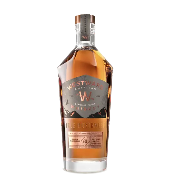 Westward PX Sherry Cask American Single Malt Whiskey 2026 by Westward features a True Northwest label with mountain graphics—this limited edition whiskey celebrates the spirit of the Pacific Northwest.