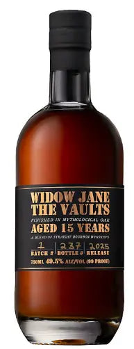 A bottle of Widow Jane The Vaults 2025 Limited Release Aged 15 Years bourbon, featuring a black and gold label with its age, proof, batch, and bottling details.