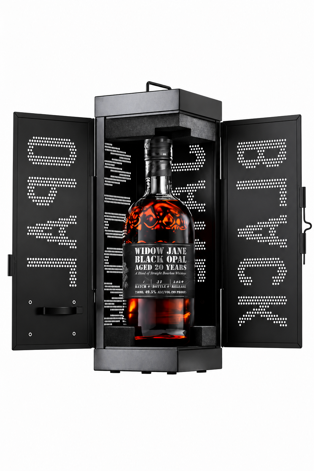 A bottle of Widow Jane Black Opal 20 Year Mizunara Oak Finished Bourbon 99 Proof 750mL inside an open black metal cabinet with the word BLACK perforated into the doors.