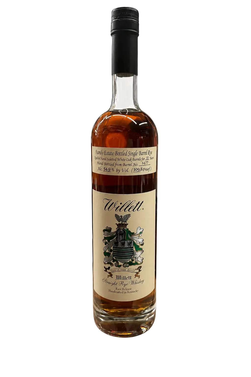 A bottle of Willett Family Estate 11 Year Single Barrel Rye PAC EDGE SOCAL 2025 (750mL) from Willett Distillery, a distinguished single barrel rye whiskey with a beige label, black cap, and family crest on the front, set against a plain white background.