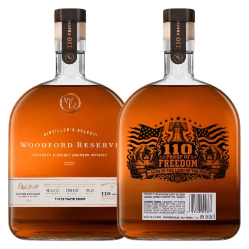 Two bottles of Memory Bottles’ Woodford Reserve 110 Proof “Proof of Freedom” Edition Kentucky Straight Bourbon Whiskey are shown; the front label highlights the brand, while the back has a custom etched American flag “110 Proof of Freedom” design.