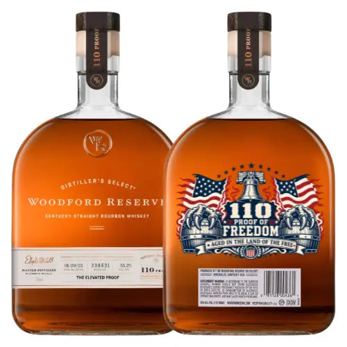 Two bottles of Memory Bottles Woodford Reserve 110 Proof “Proof of Freedom” Edition Kentucky Straight Bourbon Whiskey are shown: the front shows the brand and details; the back displays a patriotic design with flags, eagles, and "110 Proof of Freedom.