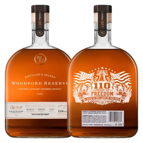 The image shows front and back views of Memory Bottles' Woodford Reserve 110 Proof “Proof of Freedom” Edition Kentucky Straight Bourbon Whiskey, featuring patriotic flags, stars, and custom etching filled with rich amber whiskey.