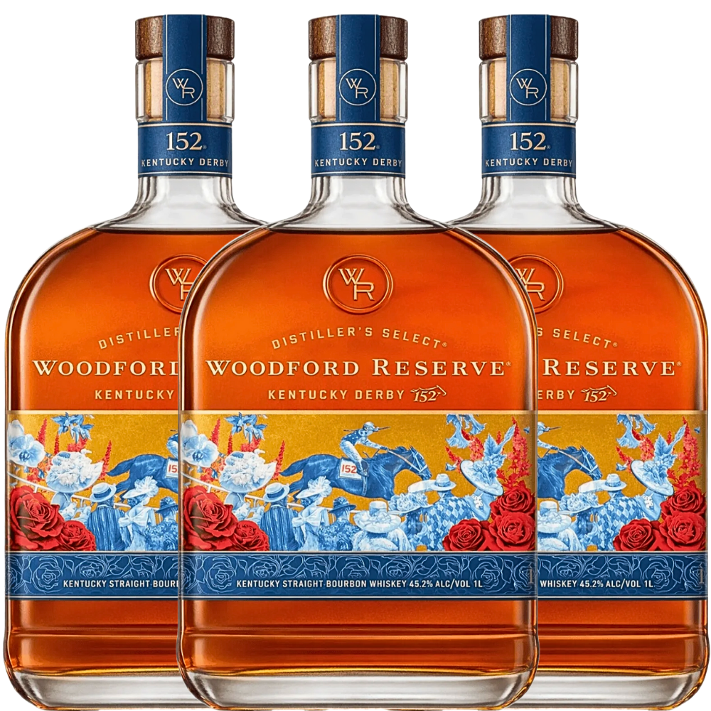 Three 1L bottles of Woodford Reserve Kentucky Derby 152 Edition (PRE-ORDER), with vibrant horse, blue and red rose, and gold-accented labels, are shown side by side in the image.