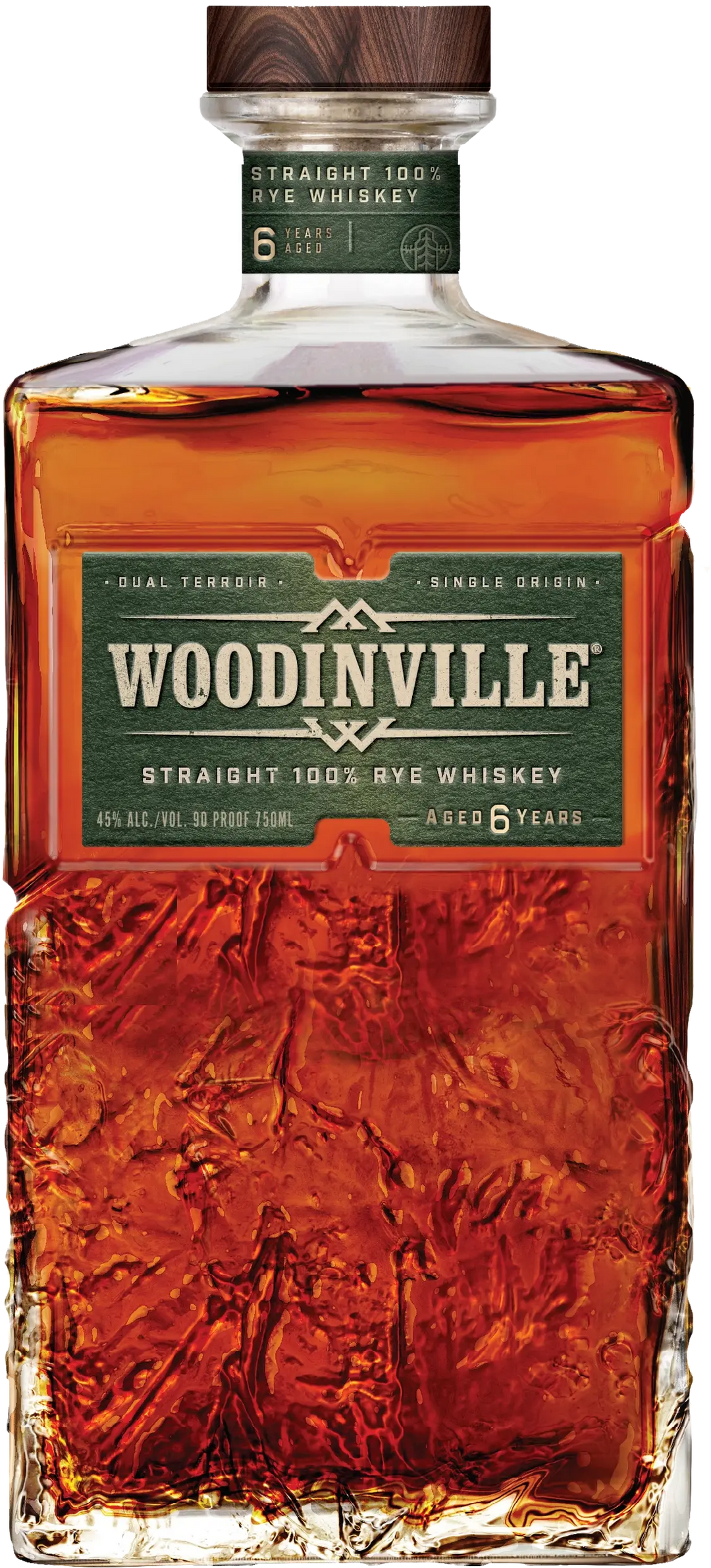 A bottle of Woodinville Straight Rye Whiskey, expertly hand-crafted and aged 6 years at a renowned Washington distillery. The label features a green background with white and gold text, and the whiskey itself displays a rich amber hue.