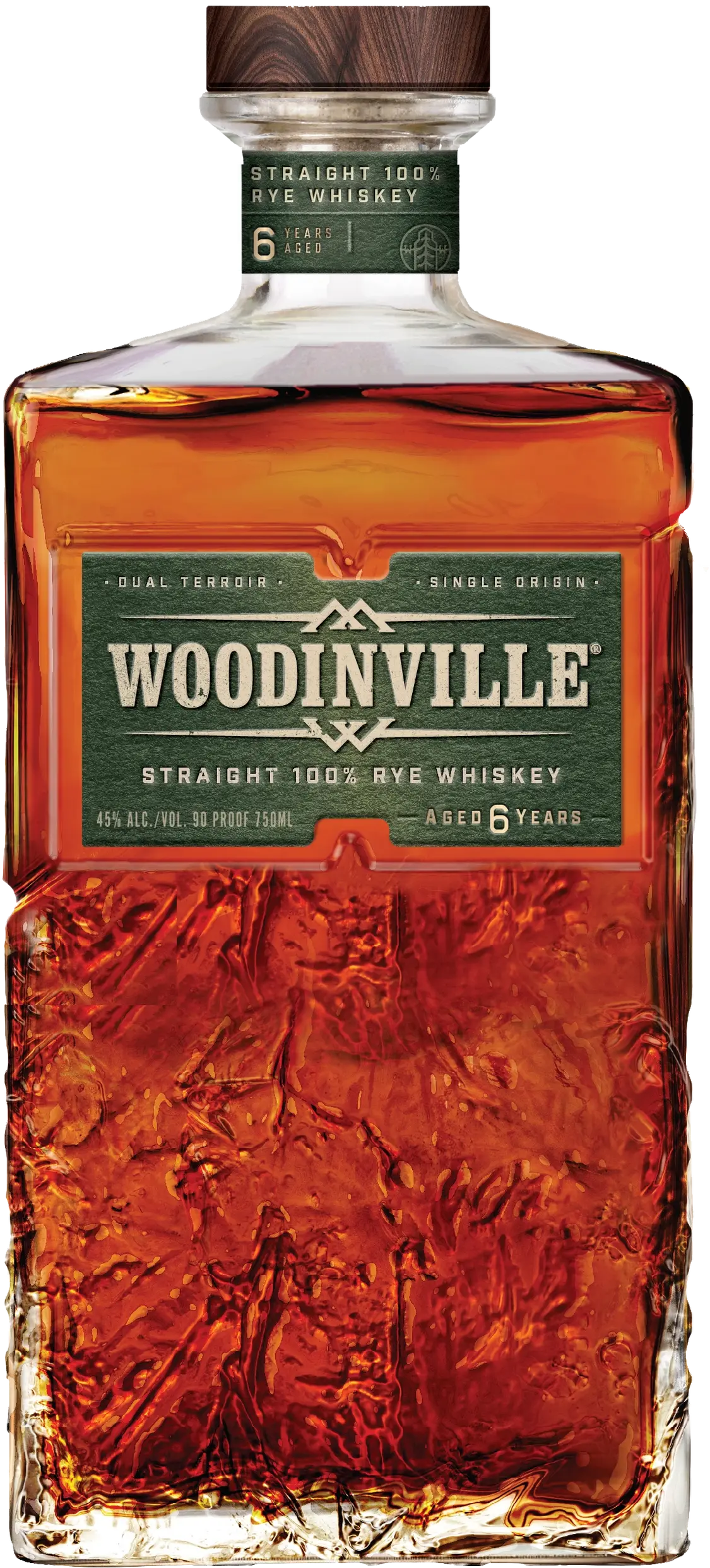A bottle of Woodinville Straight Rye Whiskey, expertly hand-crafted and aged 6 years at a renowned Washington distillery. The label features a green background with white and gold text, and the whiskey itself displays a rich amber hue.