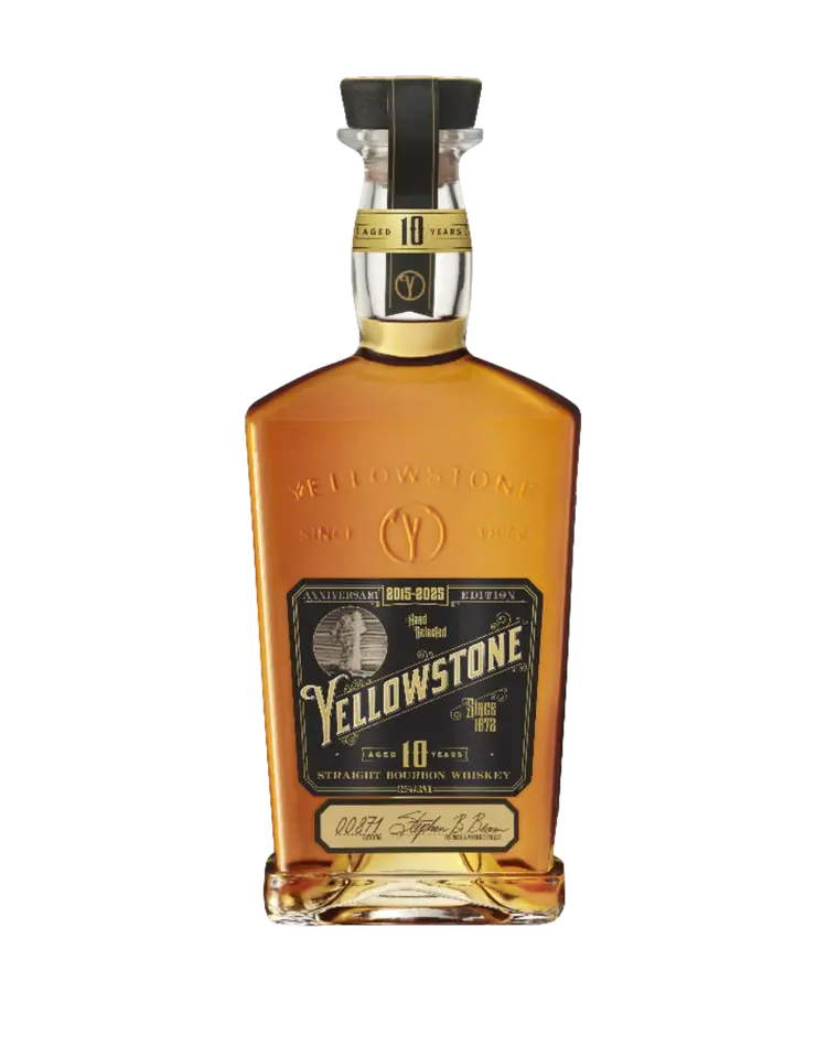 A bottle of Yellowstone 10 Year Anniversary Edition Straight Bourbon Whiskey by Yellowstone, featuring a black and gold label with "10 Years" details and filled with amber straight bourbon, set against a plain white background.