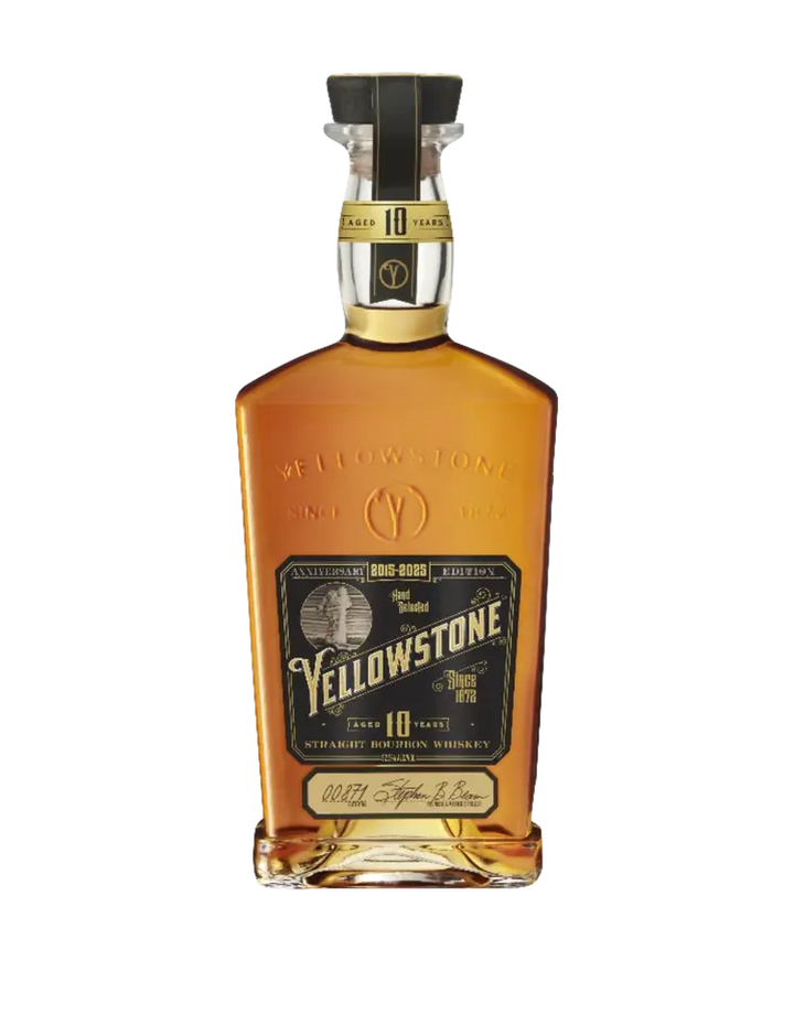 A bottle of Yellowstone 10 Year Anniversary Edition Straight Bourbon Whiskey by Yellowstone, featuring a black and gold label with "10 Years" details and filled with amber straight bourbon, set against a plain white background.