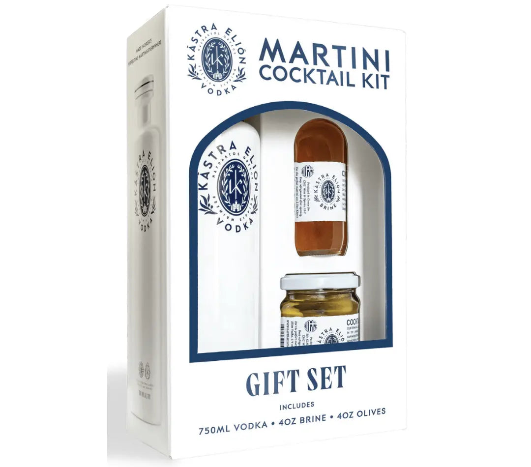 Kastra Elion Vodka Martini Cocktail Gift Set (750mL Vodka + 4oz Brine + 4oz Olives) Kastra