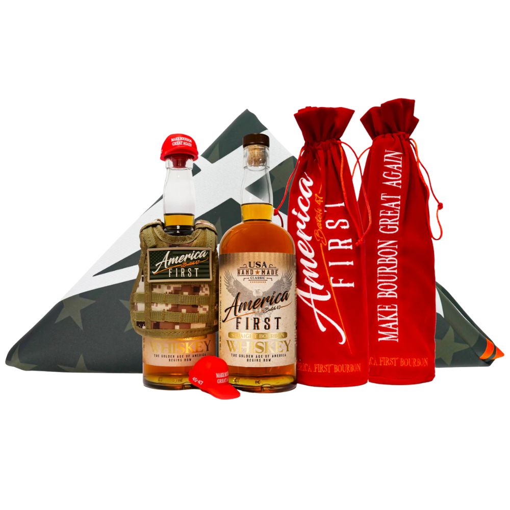 The America First Straight Bourbon Whiskey 2 Pack features bottles in camo and red velvet MAKE BOURBON GREAT AGAIN sleeves, with matching toppers, representing American craftsmanship and heritage.