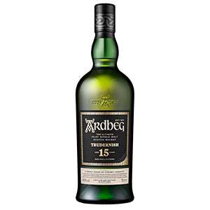 A green bottle of Ardbeg Trudernish 15 Year Old Islay Single Malt Scotch Whisky with a black label and gold lettering, this peated whisky embodies the bold character of Ardbeg’s celebrated releases.