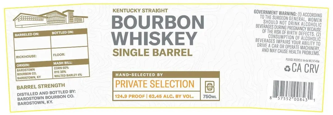 Bardstown Bourbon Co Private Selection Single Barrel Kentucky Straight Bourbon Whiskey Barrel Strength - Main Street Liquor