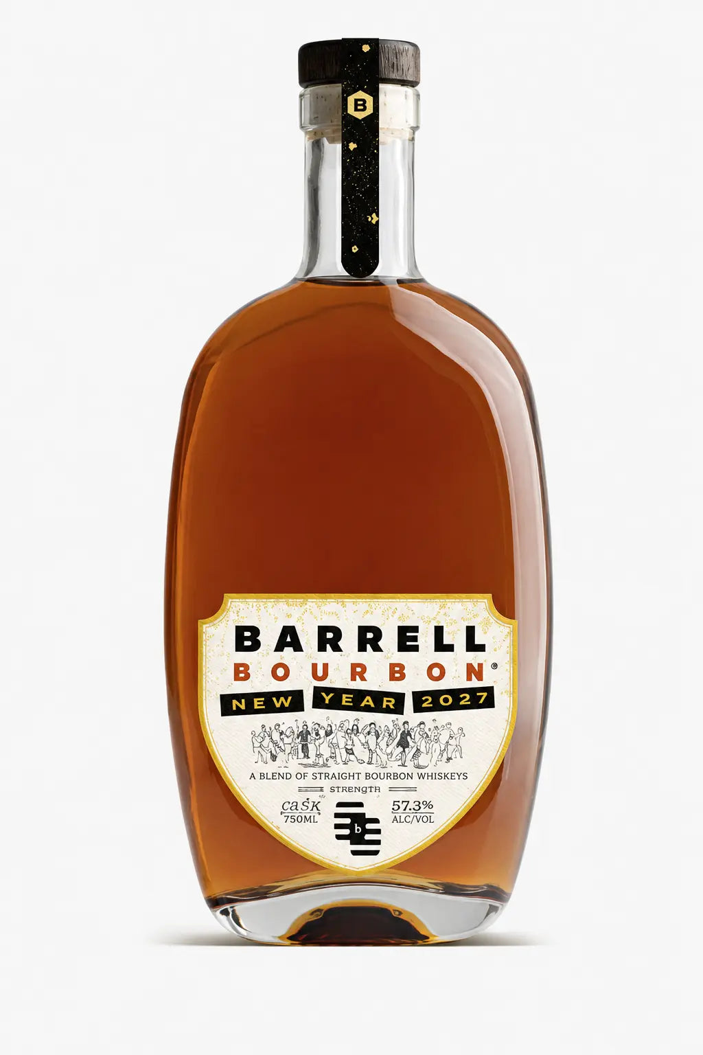 A bottle of Barrell Bourbon New Year 2027 Cask Strength Blend of Straight Bourbon Whiskeys by Barrell Craft Spirits displays an amber liquid and features a label highlighting its blend of straight bourbon whiskeys, bottled at a robust cask strength of 57.5% ABV, and adorned with sophisticated gold and black accents.