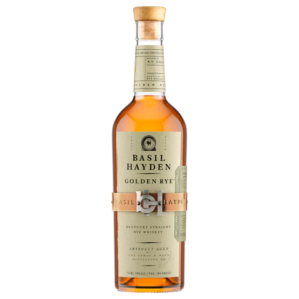 A bottle of Basil Hayden's Golden Rye Kentucky Straight Rye Whiskey features a light tan label with gold accents, a tan cork, and a metal band detailing the whiskey's name and type.
