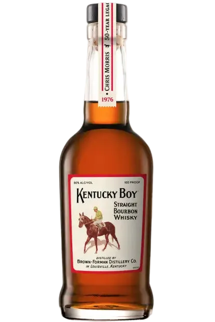 A bottle of Kentucky Boy Chris Morris 50-Year Legacy Straight Bourbon Whiskey from Brown-Forman. The label depicts a person on a horse and features text indicating 90% alcohol, 100 proof, as well as distillery information from Louisville, Kentucky. The neck tag reads “Chris Morris | 50th Year Legacy,” commemorating the legendary Brown-Forman master distiller’s remarkable anniversary.