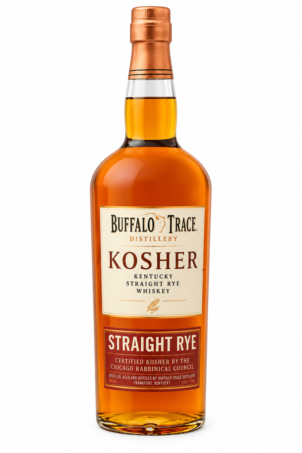 A bottle of Buffalo Trace Kosher Straight Rye Whiskey, featuring a brown cap and a label certified kosher by the Chicago Rabbinical Council, highlights the craftsmanship and tradition behind this exceptional whiskey from Buffalo Trace.
