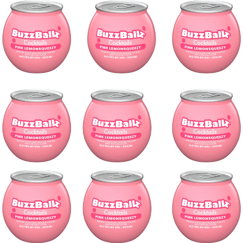 Nine pink, round Buzzballz Pink LemonSqueezy Cocktails cans are arranged in a grid pattern on a white background.