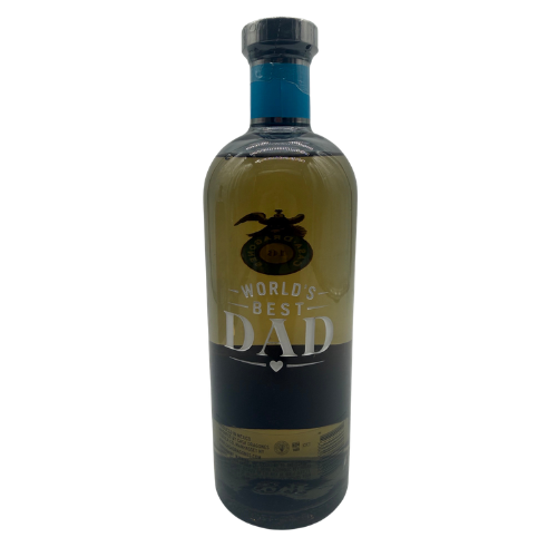 The Casa Dragones Reposado Mizunara Oak “World’s Best Dad” Deep Etched Tequila by Tequila Casa Dragones features a clear glass bottle with blue cap, white etched lettering, and a golden emblem—perfect as a personalized gift for Dad.