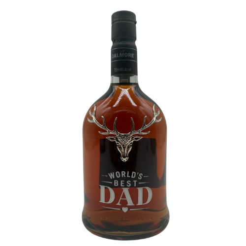 Celebrate Father's Day with The Dalmore 12 Year Old Scotch Whisky – Father’s Day Custom Hand-Painted Bottle, featuring a "World's Best Dad" label, the iconic silver stag head logo, and a sleek black cap.