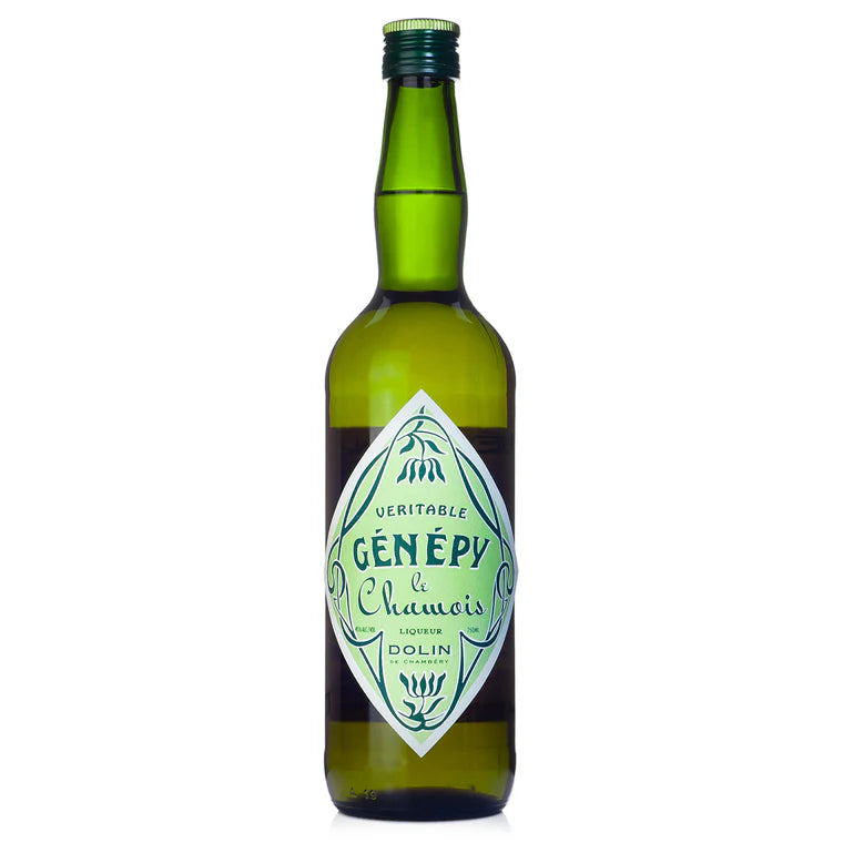 Dolin Genepy Le Chamois Liqueur by Dolin is a classic herbal Genepi digestif, presented in a green bottle with a white label.
