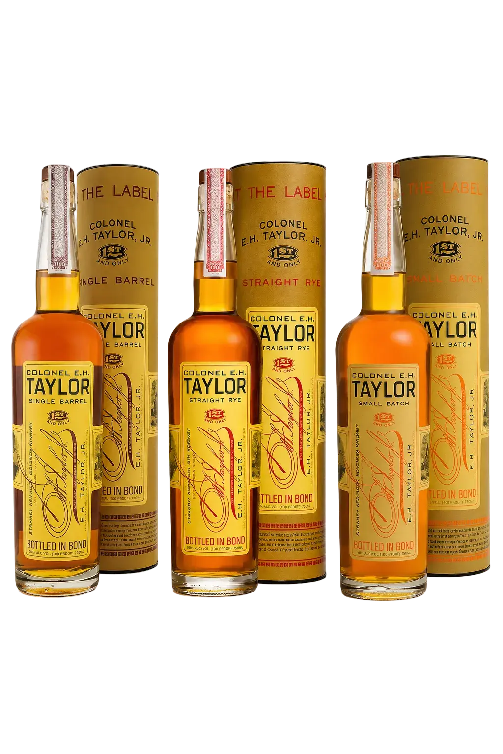 The Colonel E.H. Taylor Jr. Triple Crown Bundle by Colonel E.H. Taylor is displayed, featuring three bottles—Single Barrel, Straight Rye, and Small Batch—each accompanied by its matching cylindrical box with a distinctive yellow label and red accents.