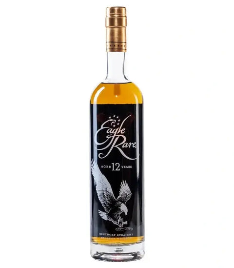 A bottle of Eagle Rare 12 Year Kentucky Straight Bourbon Whiskey from Eagle Rare, an aged bourbon distinguished by its gold cap and black label with an eagle illustration.