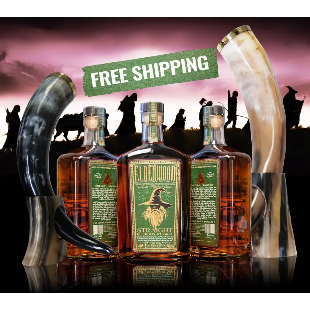 Eldenwood Straight Bourbon Whiskey 3 Pack is shown between two drinking horns, with a FREE SHIPPING banner and sunset traveler silhouettes—grab this limited Eldenwood bourbon whiskey offer today!.