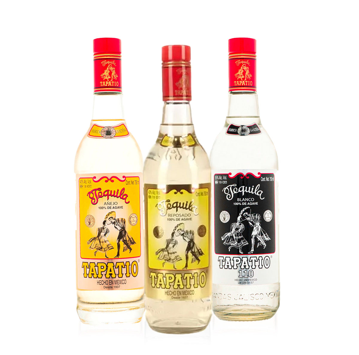 The Tapatio Collection by Tapatio features three tequila bottles—añejo, reposado, and blanco—lined up against a white backdrop. Each bottle showcases a uniquely colored label: yellow, gold, and black, reflecting the artistry of this renowned Jalisco distillery known for crafting tequila from highland blue agave.