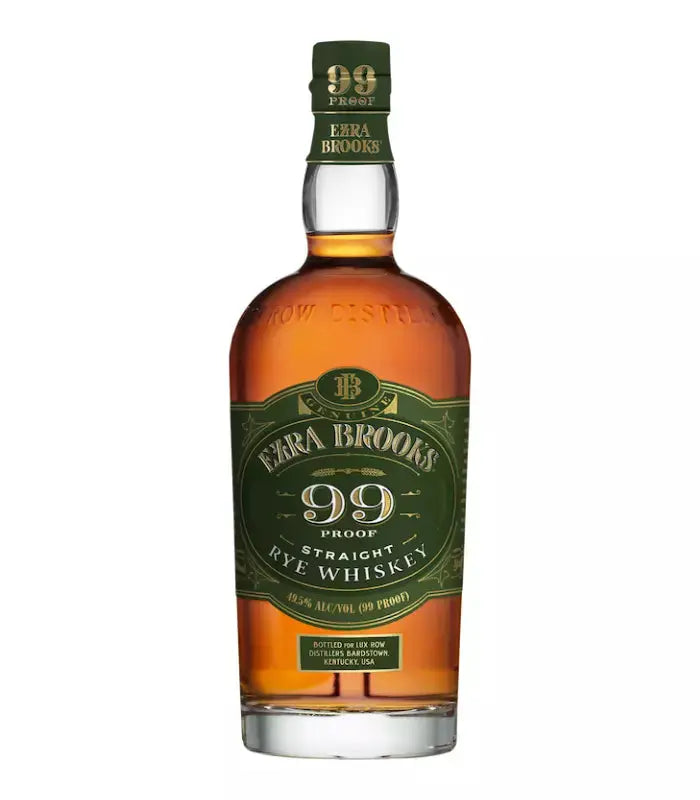 A bottle of Ezra Brooks 99 Proof Straight Rye features a green label and cap with "99 Proof" and "Straight Rye Whiskey" boldly in white and gold, representing the Ezra Brooks brand.