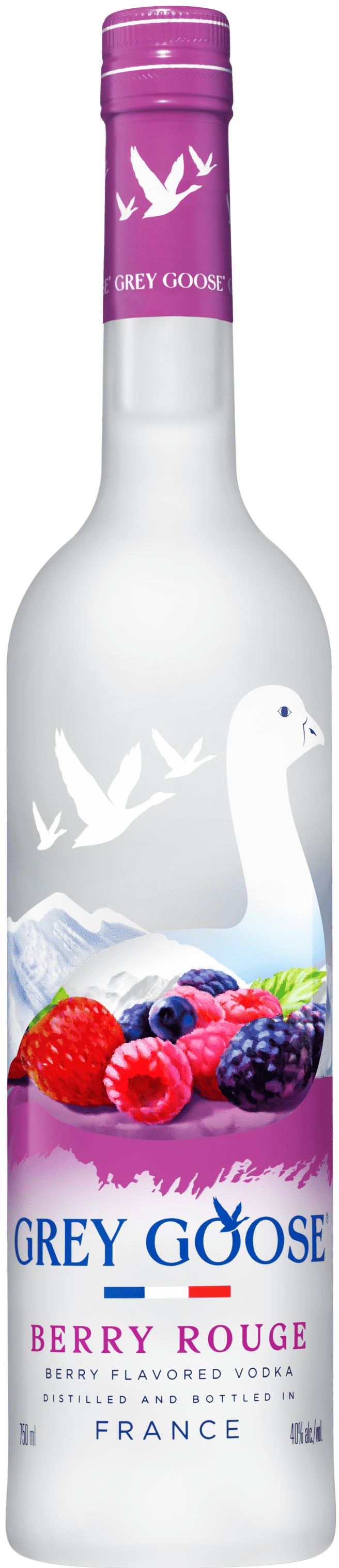 A frosted Grey Goose Berry Rouge Vodka bottle features white geese silhouettes, a purple cap, and a vibrant label with strawberries, raspberries, and blackberries set against mountain scenery. Brand: Grey Goose Vodka.