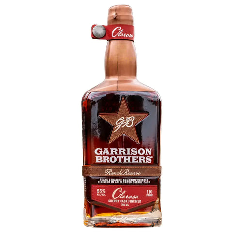 A 750ml bottle of Garrison Brothers Ranch Reserve Oloroso Sherry Cask Finished Texas Straight Bourbon Whiskey (PRE-ORDER); 55% ABV, copper cap, star emblem, red label accents.