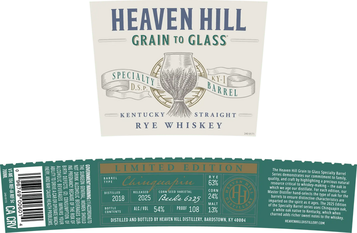 Heaven Hill Grain to Glass Rye Whiskey Chinquapin Oak - Main Street Liquor