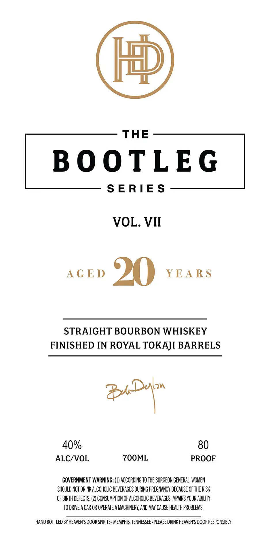 Label for Heaven's Door Whiskey The Bootleg Series Vol. VII 20 Year Bourbon Finished in Royal Tokaji Barrels, features gold logo, 40% ABV, 700ml bottle, and signature.