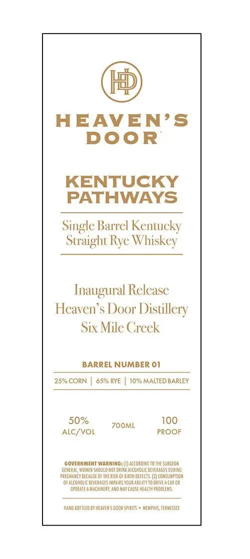 Heavens Door Kentucky Pathways Single Barrel Rye Barrel 01 700ml - Main Street Liquor