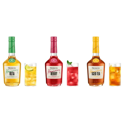 Three Hennessy Ready to Serve Cocktail 375mL bottles—Henny Rita, Henny Berry, and Henny Iced Tea—stand with matching cognac-based cocktails on ice, highlighting the refreshing Variety Bundle by Hennessy against a white background.