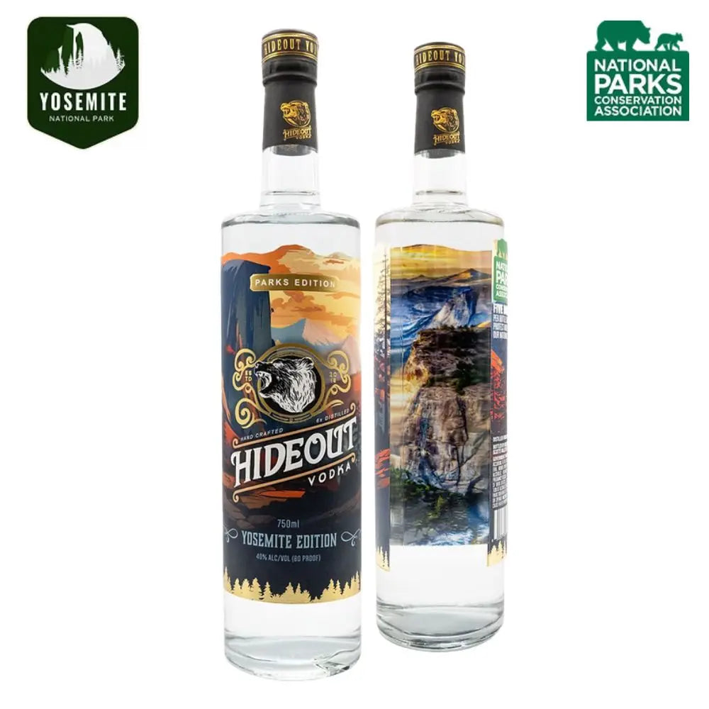 Two bottles of Hideout Vodka Yosemite Edition, featuring imagery of Yosemite National Park. The National Parks Conservation Association and Yosemite National Park logos appear in the top corners.