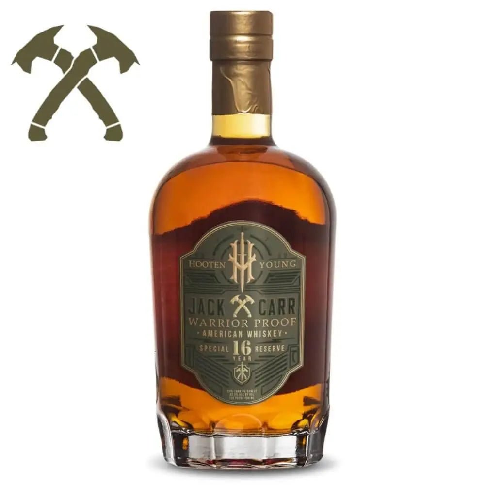 The Honor The Fallen Warrior Proof Custom Bottle by Memory Bottles features a green label with dark gold accents, a custom memorial design, and two crossed hammers logo. This upright bottle supports the Wounded Warrior Project and contains 16-year reserve whiskey.