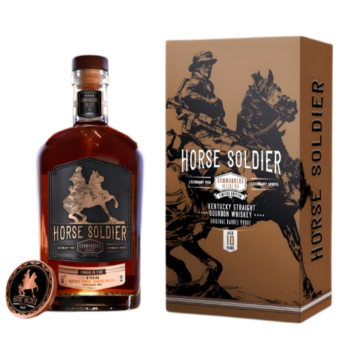 A bottle of Horse Soldier Commander’s Select VII 10 Year Barrel Proof Bourbon by Horse Soldier Bourbon, with matching cork and box. Both feature a black and gold label with a soldier on horseback; the box displays bold "Horse Soldier" text.