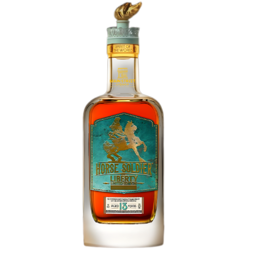 Horse Soldier Bourbon’s limited edition Liberty 13 Year Bourbon Whiskey (PRE-ORDER) features a teal and gold label with a horseback soldier and a gold cap topped with a horse head. Aged to ultra-premium perfection for 13 years.