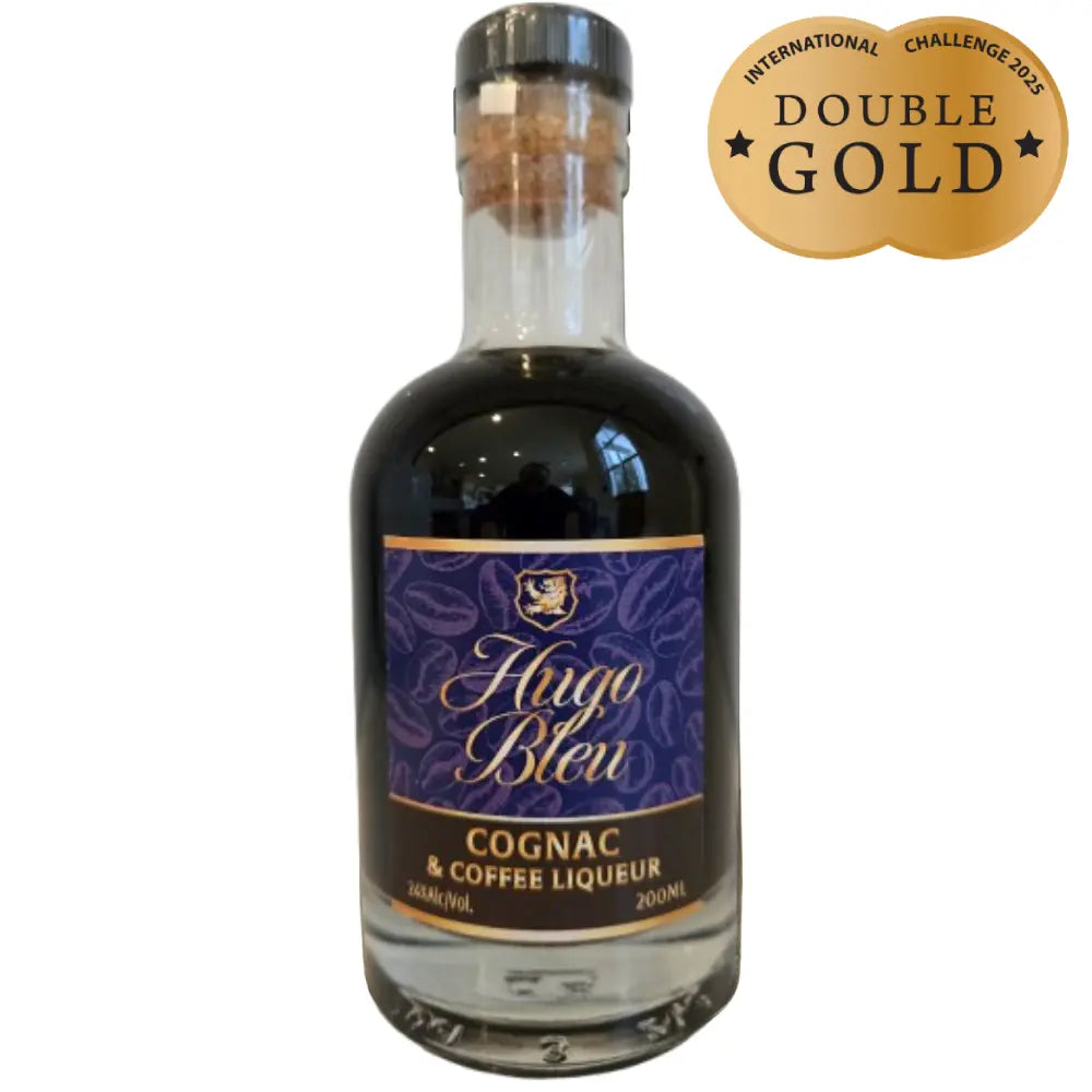 Bottle of Hugo Bleu Cognac & Coffee Liqueur 200mL with Double Gold medal from International Challenge 2023.