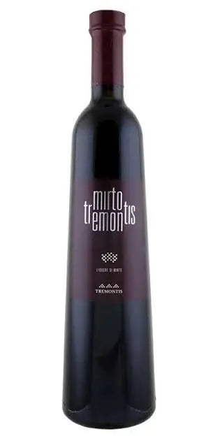 A tall, dark glass bottle labeled Tremontis Mirto Liqueur by Argiolas, featuring a maroon cap and a maroon and white label, contains a liqueur made from native Sardinian varietals.