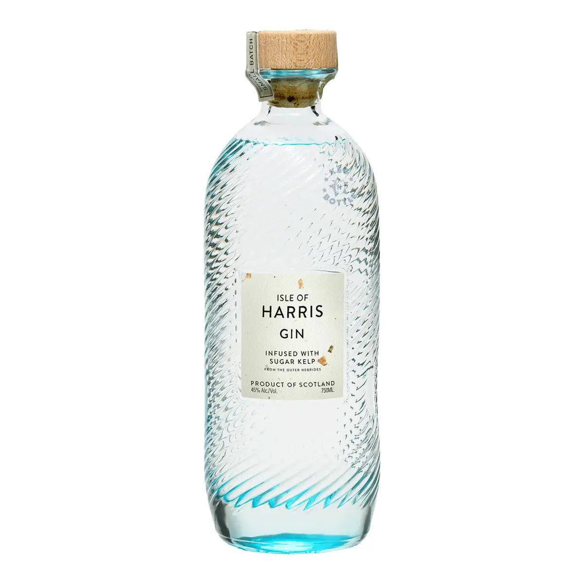 A clear, textured glass bottle of Isle of Harris Sugar Kelp Infused Gin by Isle Of Harris, featuring a wooden cork stopper and white label. This Scottish artisan gin is uniquely infused with sugar kelp and crafted in Scotland.