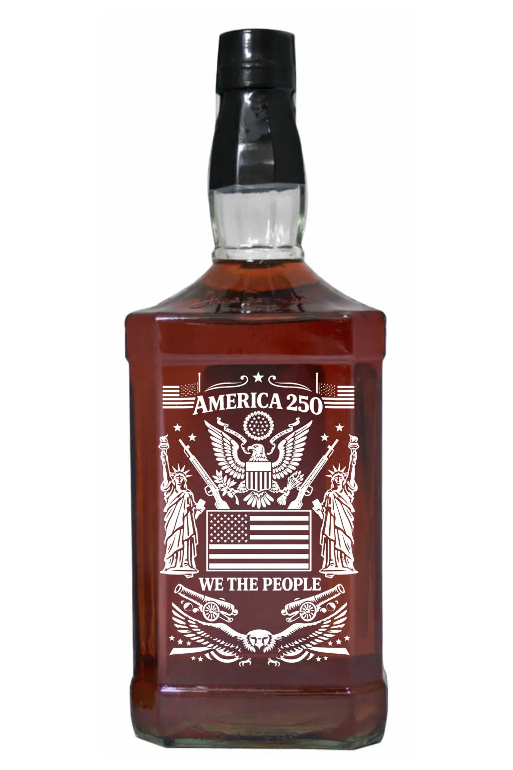 The Jack Daniel’s 3L America 250th Anniversary Custom Etched Bottle by Memorybottes features eagles, the American flag, and “WE THE PEOPLE”—a striking commemorative collector&