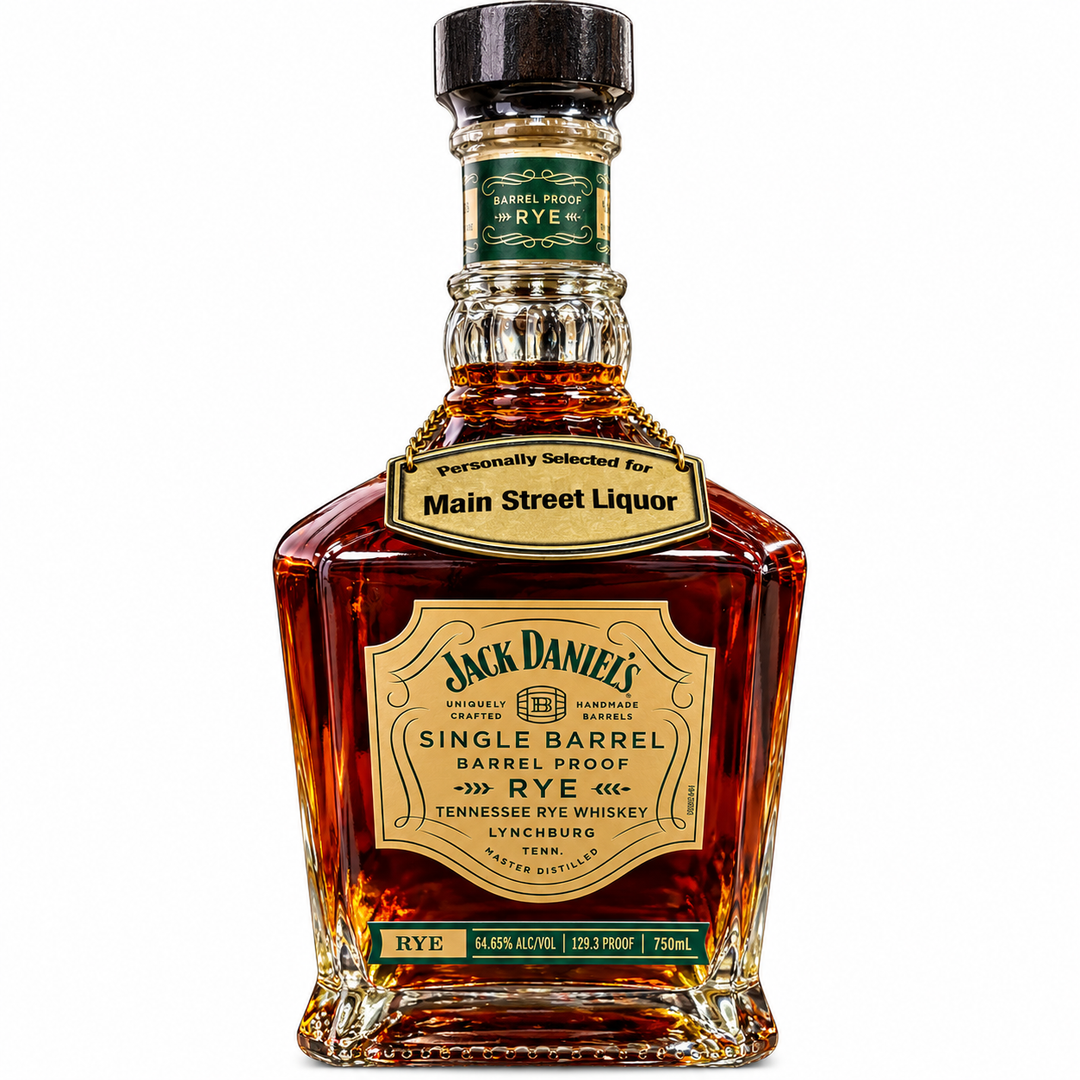 A 750ml bottle of Jack Daniel’s Single Barrel Barrel Proof Rye, Main Street Liquor Private Selection (Barrel 