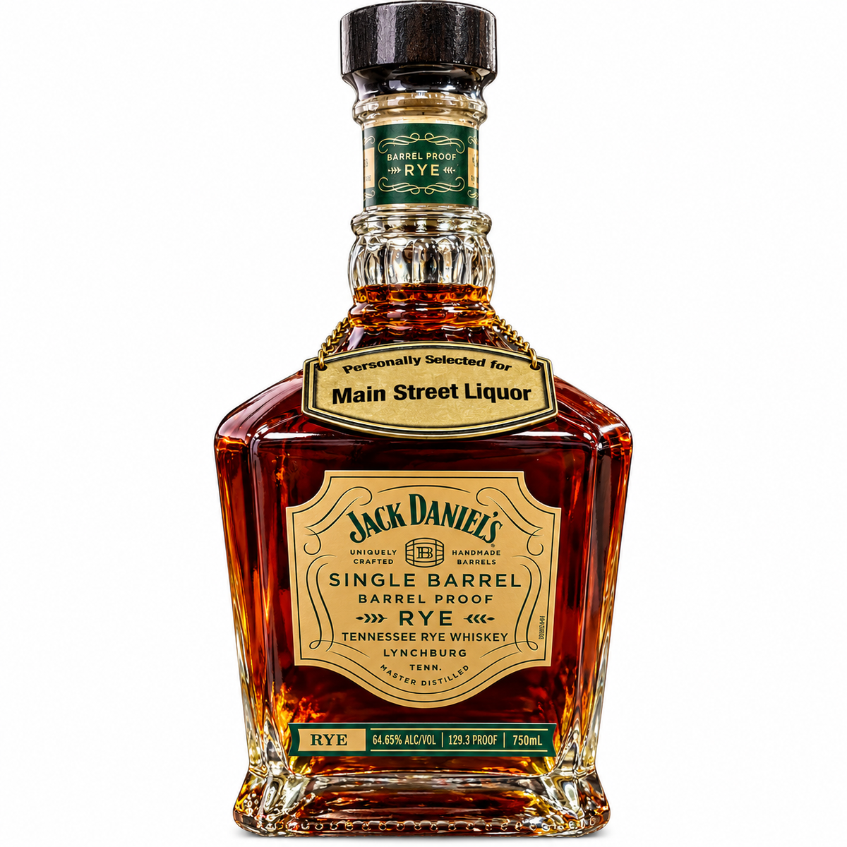 A 750ml bottle of Jack Daniel’s Single Barrel Barrel Proof Rye, Main Street Liquor Private Selection (Barrel #26-03916), 129.3 proof, featuring a custom label: “Personally Selected for Main Street Liquor.”.