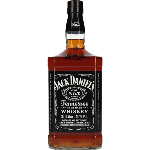 Jack Daniel's Old No. 7 Tennessee Whiskey Double Magnum 3 Litre features the classic black label, famous sour mash recipe, and 40% alcohol volume from the renowned Jack Daniel's brand.
