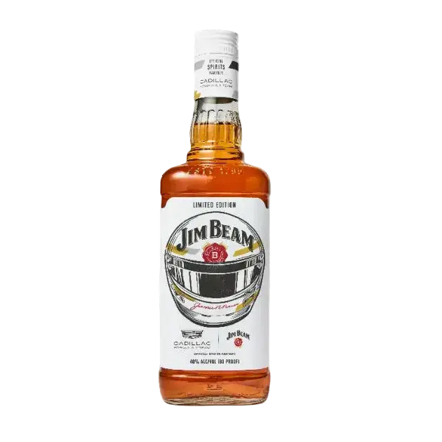 The Jim Beam x Cadillac F1 Team Limited Edition Bourbon features Kentucky Straight Bourbon Whiskey and a label inspired by a vintage Cadillac grille, with bold gold, black, and red accents on crisp white.