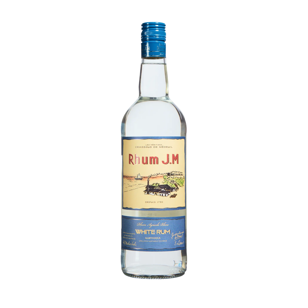 A clear glass bottle of Rhum J.M. Agricole Blanc 40 White Rum with a blue cap and cream-and-blue label—perfect for a balanced rum and elevated cocktail experience.