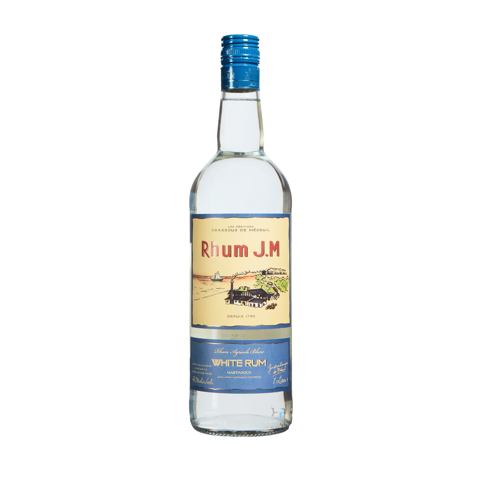 A clear glass bottle of Rhum J.M. Agricole Blanc 40 White Rum with a blue cap and cream-and-blue label—perfect for a balanced rum and elevated cocktail experience.